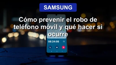 Samsung Galaxy smartphone with anti-theft features displayed on screen, cinematic blue neon lighting.