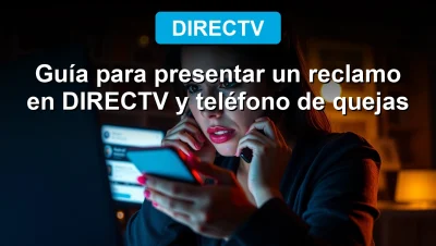 Persona frustrada presentando un reclamo a DIRECTV por teléfono, con iluminación cinematográfica azul.