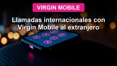 Virgin Mobile smartphone showing international call rates on screen with neon pink glow.
