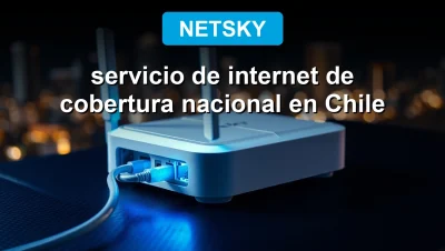 NetSky router with glowing fiber optic cable on dark surface, representing national internet coverage in Chile.