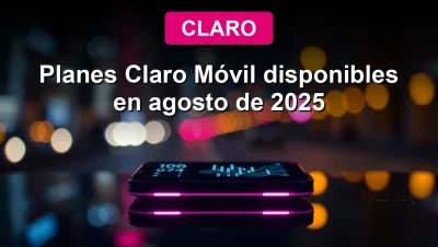 Claro Móvil smartphone plans for August 2025 on a glowing screen with neon pink accents.