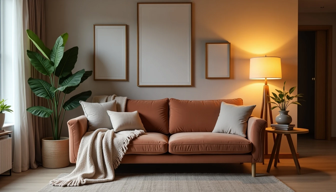 Rincón acogedor de sala de estar 2026 con sofá de terciopelo, manta de punto, planta monstera e iluminación cálida - Homy