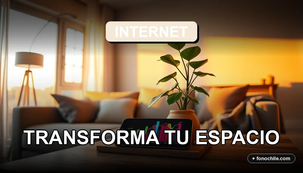 Un hogar moderno y acogedor con iluminación cálida y plantas, mostrando un sofá cómodo junto a una mesa con un teléfono inteligente descansando sobre ella.