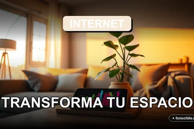 Un hogar moderno y acogedor con iluminación cálida y plantas, mostrando un sofá cómodo junto a una mesa con un teléfono inteligente descansando sobre ella.