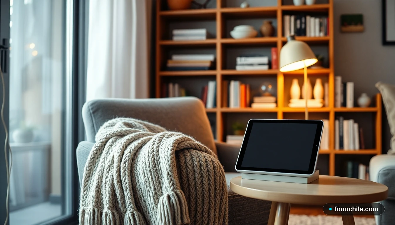 Un rincón de lectura acogedor en una sala de estar moderna, con un sillón, una manta y una estantería, junto a una tableta que muestra una interfaz genérica borrosa.