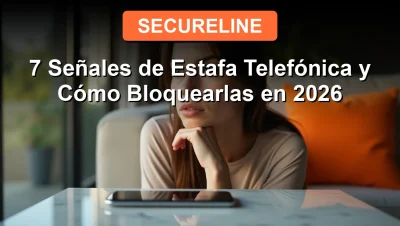 A person in a modern living room looks thoughtfully at a smartphone resting on a marble side table, representing vigilance against phone scams.