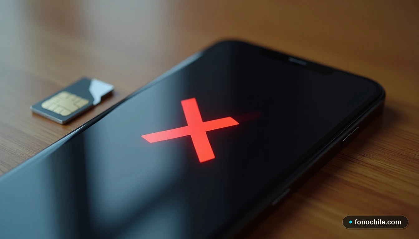 Vista superior de un teléfono móvil y una tarjeta SIM sobre una mesa de madera, con un efecto de luz de un escudo rojo proyectado entre ellos, representando la protección contra estafas.