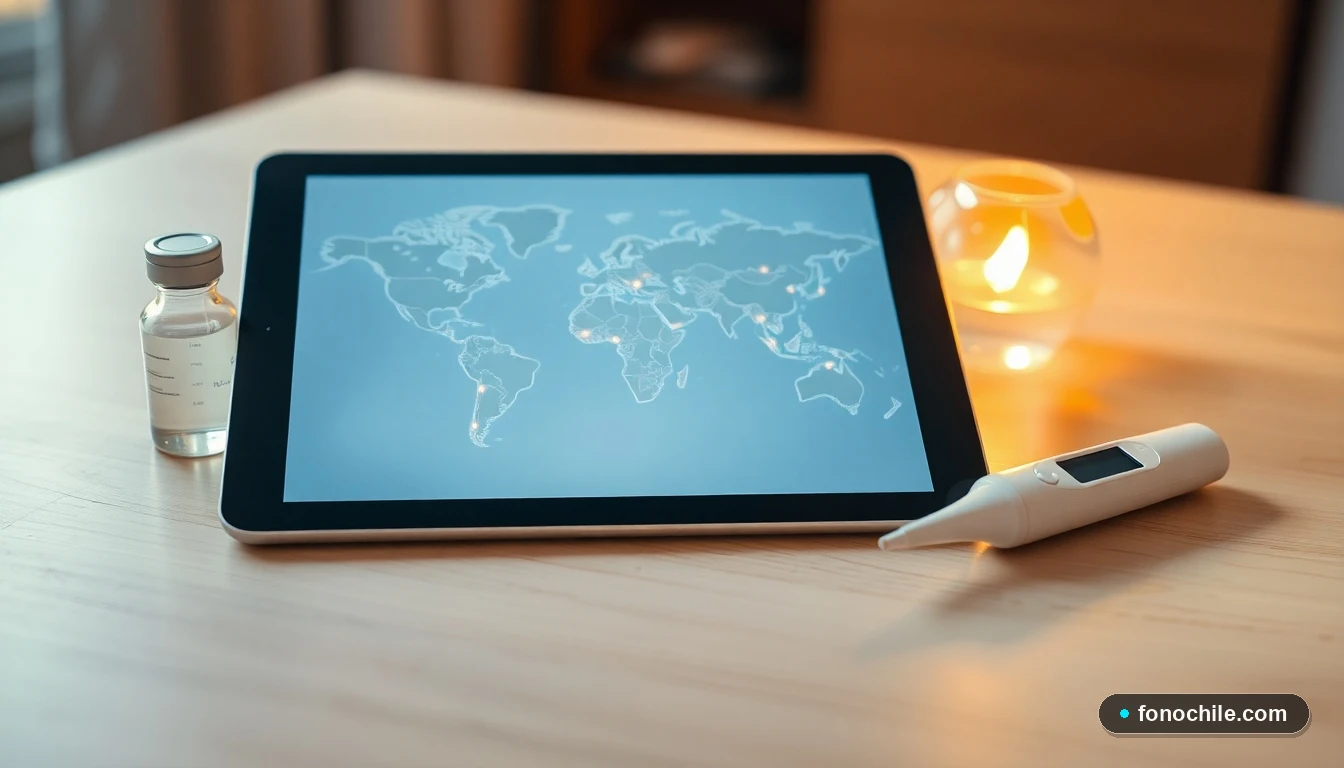 Tableta mostrando un mapa mundial abstracto de conexiones médicas, en un entorno de consultorio profesional y cálido.