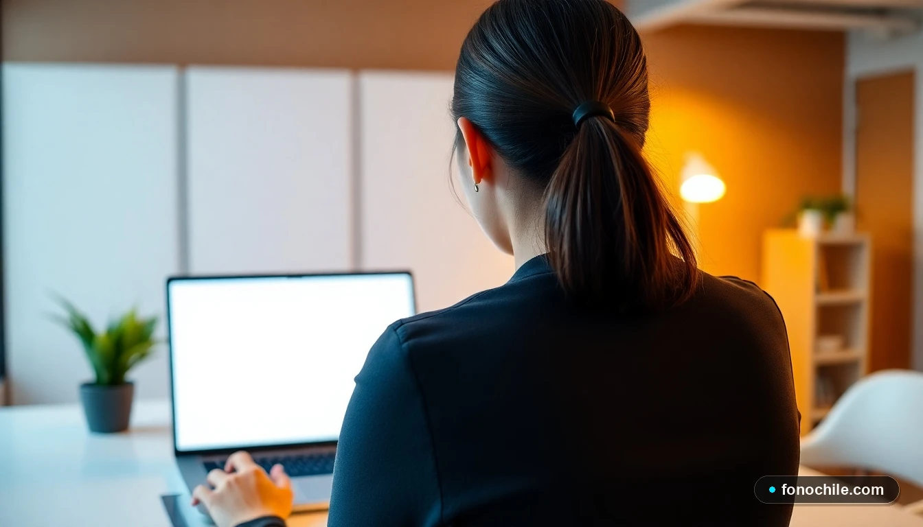 Vista sobre el hombro de una profesional de ABCVisa trabajando en un entorno de oficina moderno con un portátil.