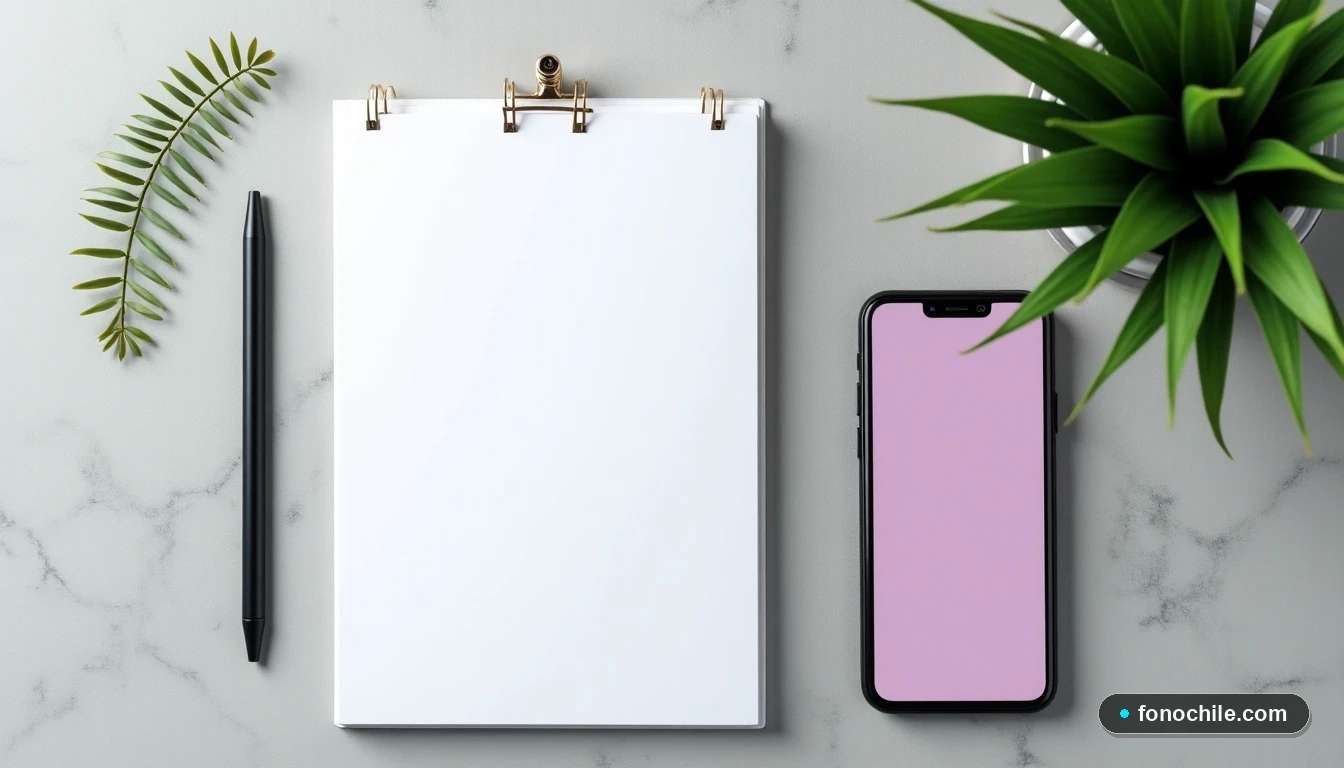 Vista superior de un teléfono inteligente y una libreta en una superficie de concreto, mostrando una interfaz de usuario genérica difuminada, en un estilo de diseño plano minimalista.