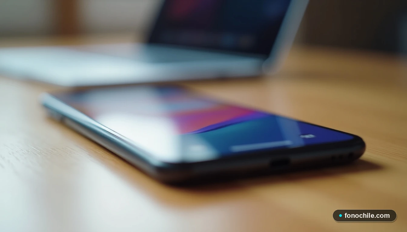 Primer plano lateral de un smartphone moderno mostrando una interfaz genérica, con una tablet al fondo desenfocada.