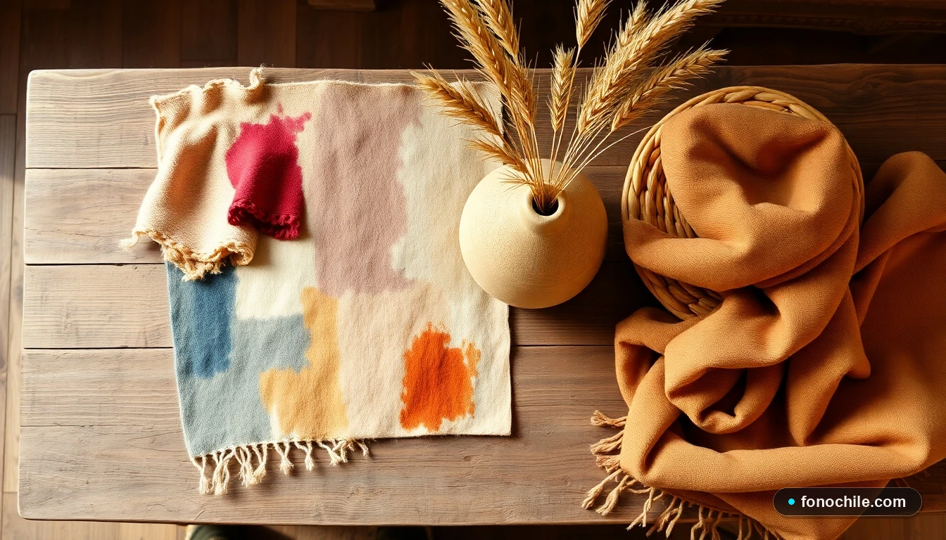 Composición plana de accesorios decorativos chilenos: tejidos, cerámica artesanal y canasto de ratán sobre mesa de madera.