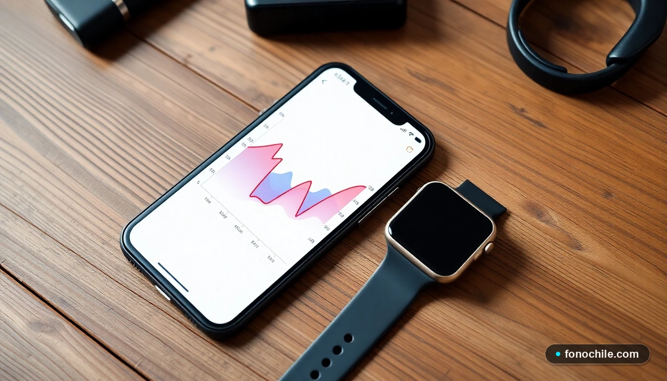 Disposición plana de accesorios tecnológicos modernos: smartphone, reloj inteligente y audífonos inalámbricos sobre una mesa de madera.