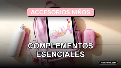 Conjunto de accesorios prácticos para niños sobre una mesa de madera clara, incluyendo mochila, estuche y botella de agua, con pantallas mostrando gráficos abstractos de colores.