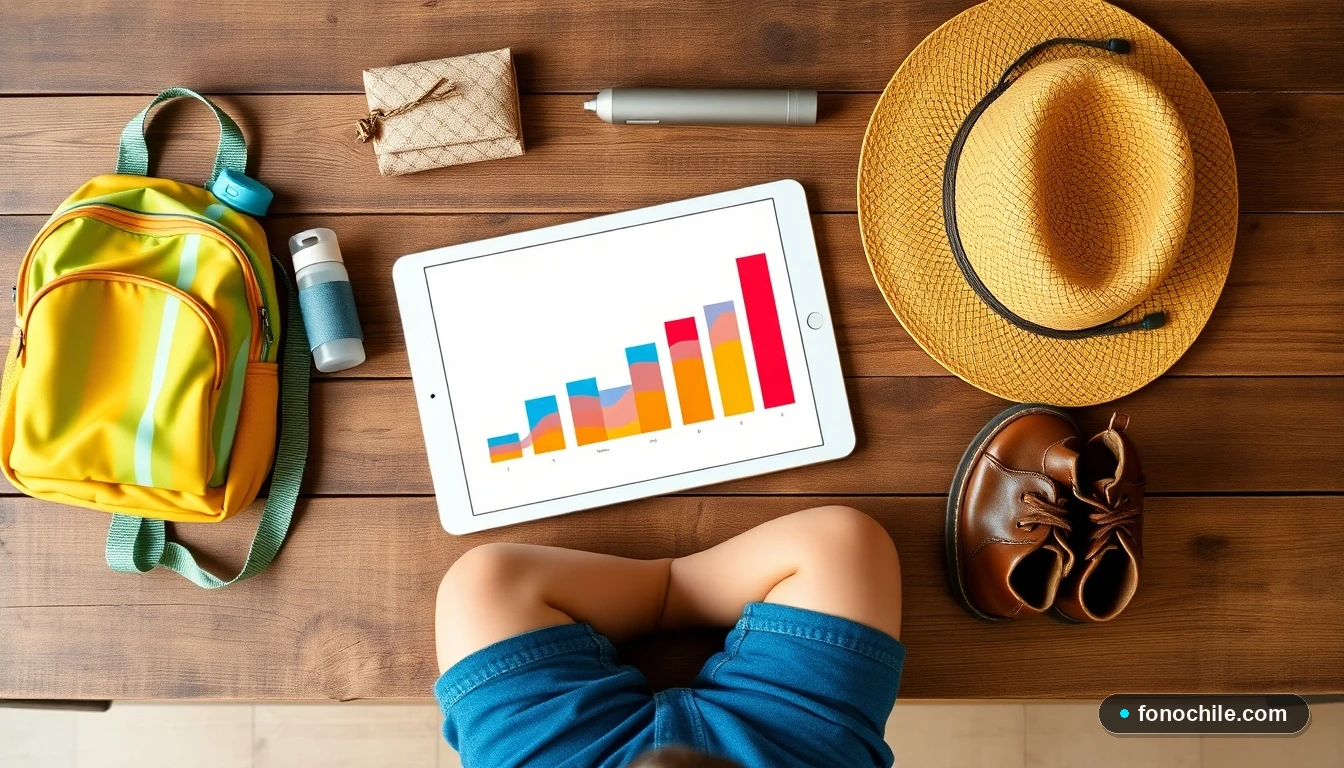 Fotografía de mesa con accesorios prácticos para niños chilenos: mochila, botella, gorro y zapatos de calidad, junto a gráficos de colores.