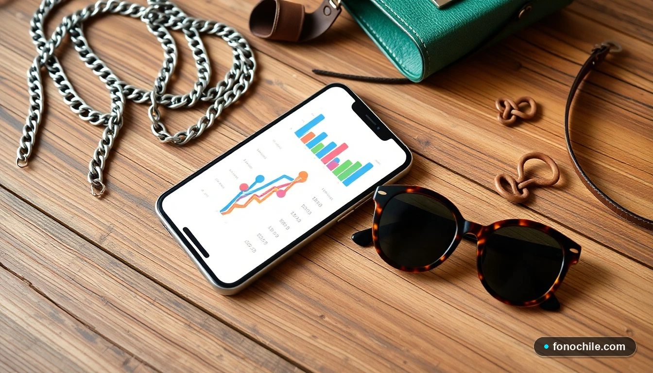 Fotografía estilo flat lay de accesorios de moda en tendencia sobre una mesa de madera, incluyendo joyas, bolso y gafas de sol.