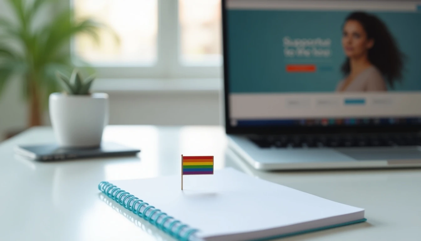 Escritorio con símbolos de apoyo a la comunidad LGBT+ y recursos de Acción Gay.