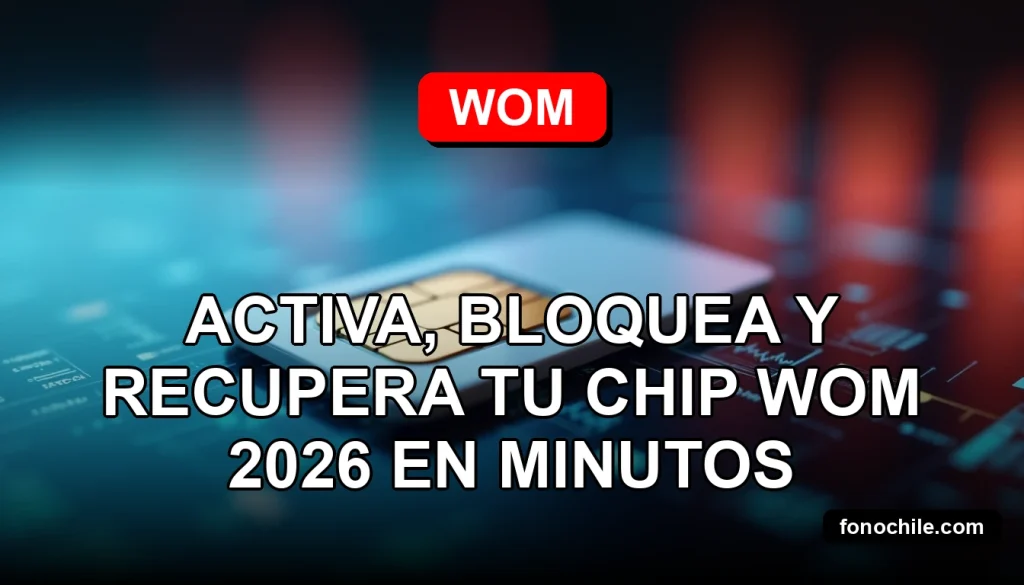 Un chip SIM WOM 2026 descansando sobre una mesa de vidrio moderna, con gráficos abstractos de colores brillantes reflejados en la superficie.