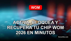 Un chip SIM WOM 2026 descansando sobre una mesa de vidrio moderna, con gráficos abstractos de colores brillantes reflejados en la superficie.