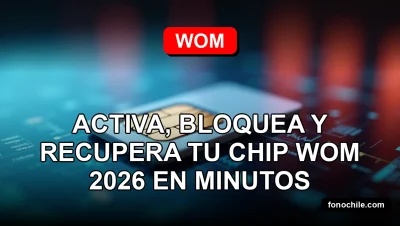 Un chip SIM WOM 2026 descansando sobre una mesa de vidrio moderna, con gráficos abstractos de colores brillantes reflejados en la superficie.