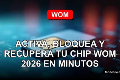 Un chip SIM WOM 2026 descansando sobre una mesa de vidrio moderna, con gráficos abstractos de colores brillantes reflejados en la superficie.