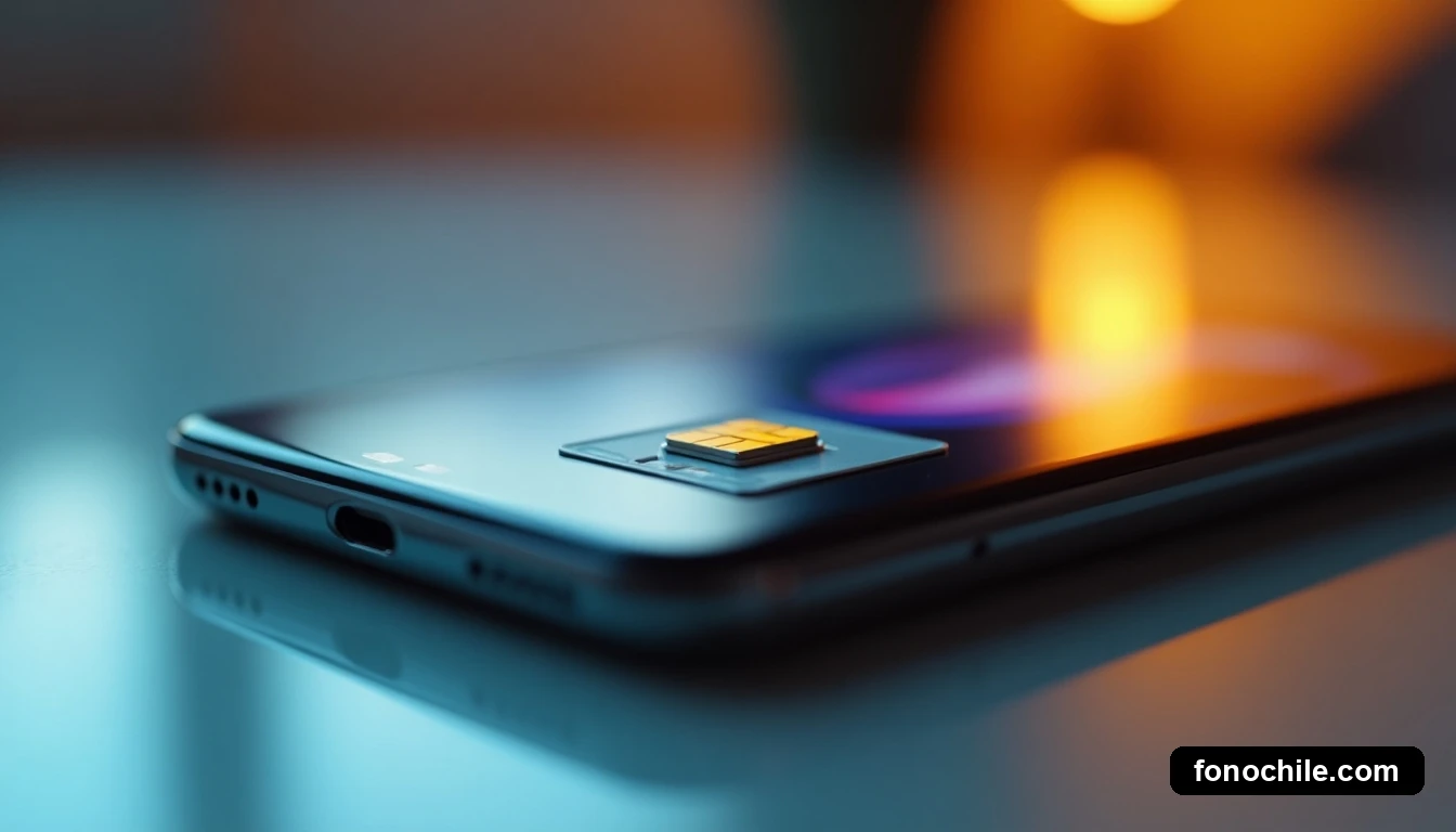 Chip SIM y teléfono inteligente en una mesa, mostrando la facilidad de gestión del servicio móvil.
