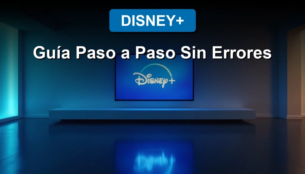 A futuristic, minimalist living room in 2026 with a large, ultra-thin television screen displaying the shimmering Disney+ logo, activated and ready to stream.