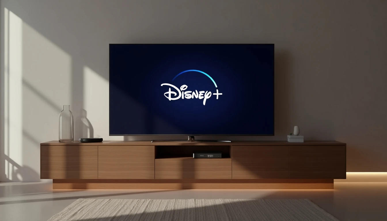 Televisor inteligente moderno mostrando el logo de Disney Plus en su pantalla, listo para ser activado en el salón.