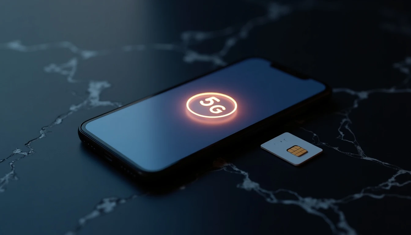 Smartphone Entel mostrando el ícono 5G junto a su chip SIM, sobre fondo de mármol oscuro.