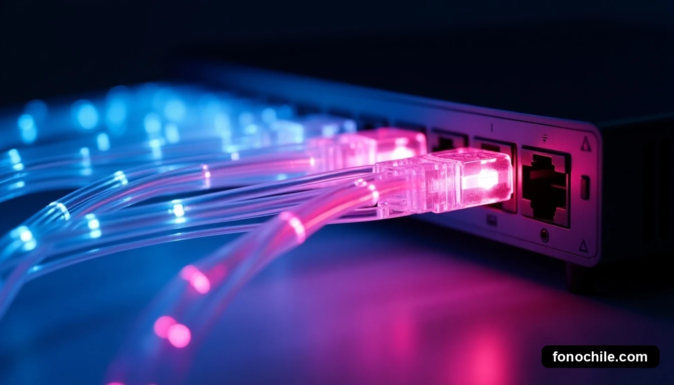 Primer plano detallado de los puertos de fibra óptica en un router 5G, mostrando haces de luz láser de color rosa y cian viajando a través del núcleo de los cables.