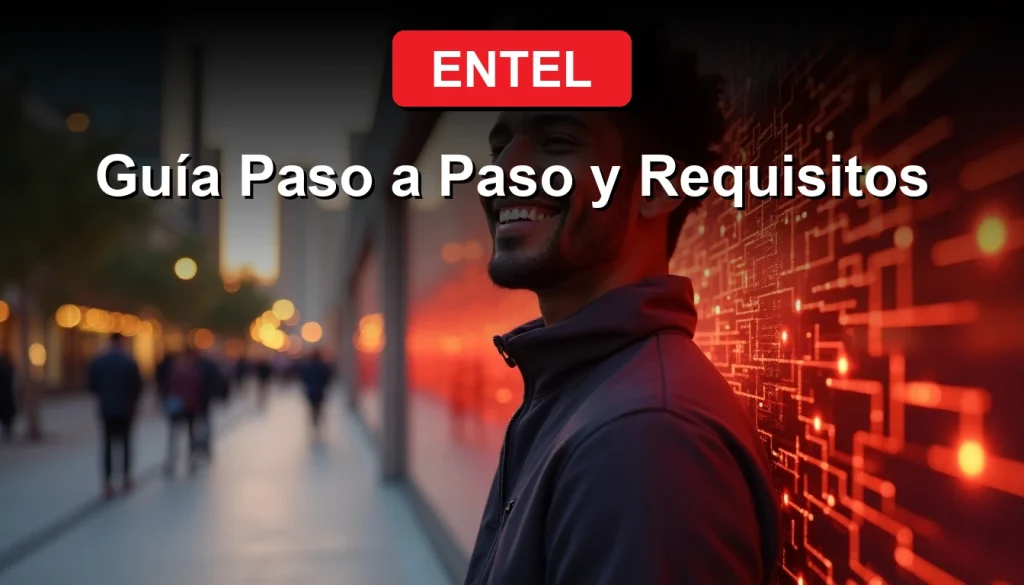 Hombre joven sonriendo mientras observa una visualización holográfica de datos 5G de Entel que flota en el aire frente a él, en un entorno urbano moderno.