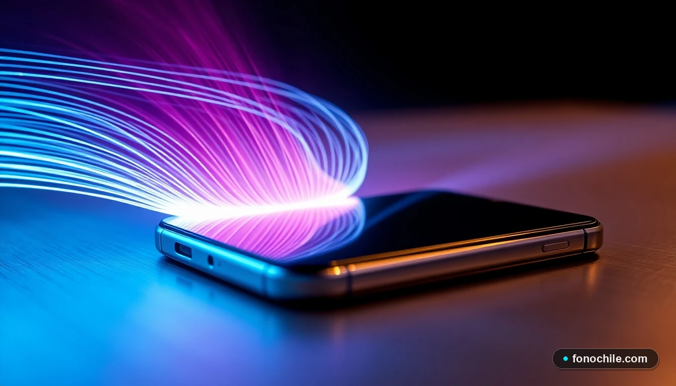 Primer plano artístico de un teléfono desde donde emanan haces de luz roja y blanca que se transforman en rápidos trazos azules, representando la velocidad y cobertura de la red 5G.