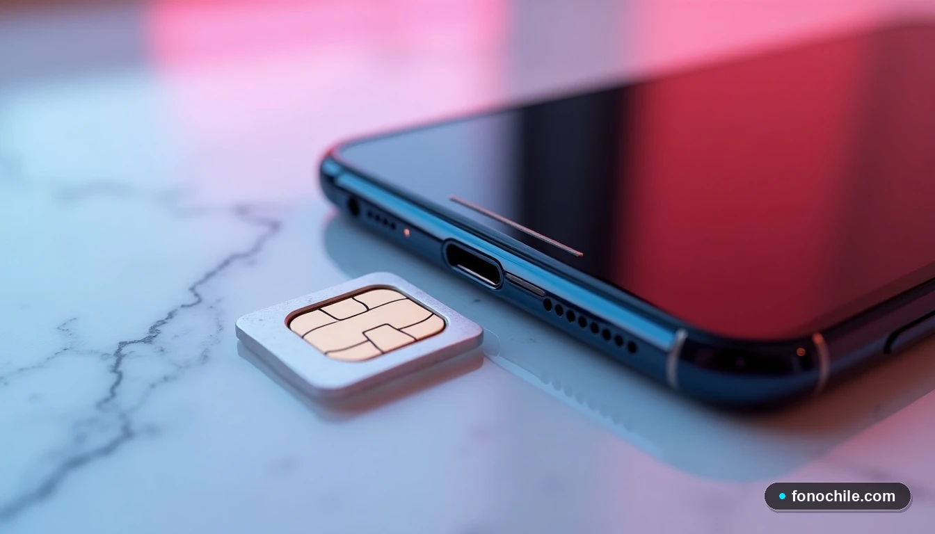 Detalle de una bandeja para tarjeta SIM translúcida junto a un teléfono inteligente, sobre una superficie de mármol claro, representando el proceso de activación del servicio.