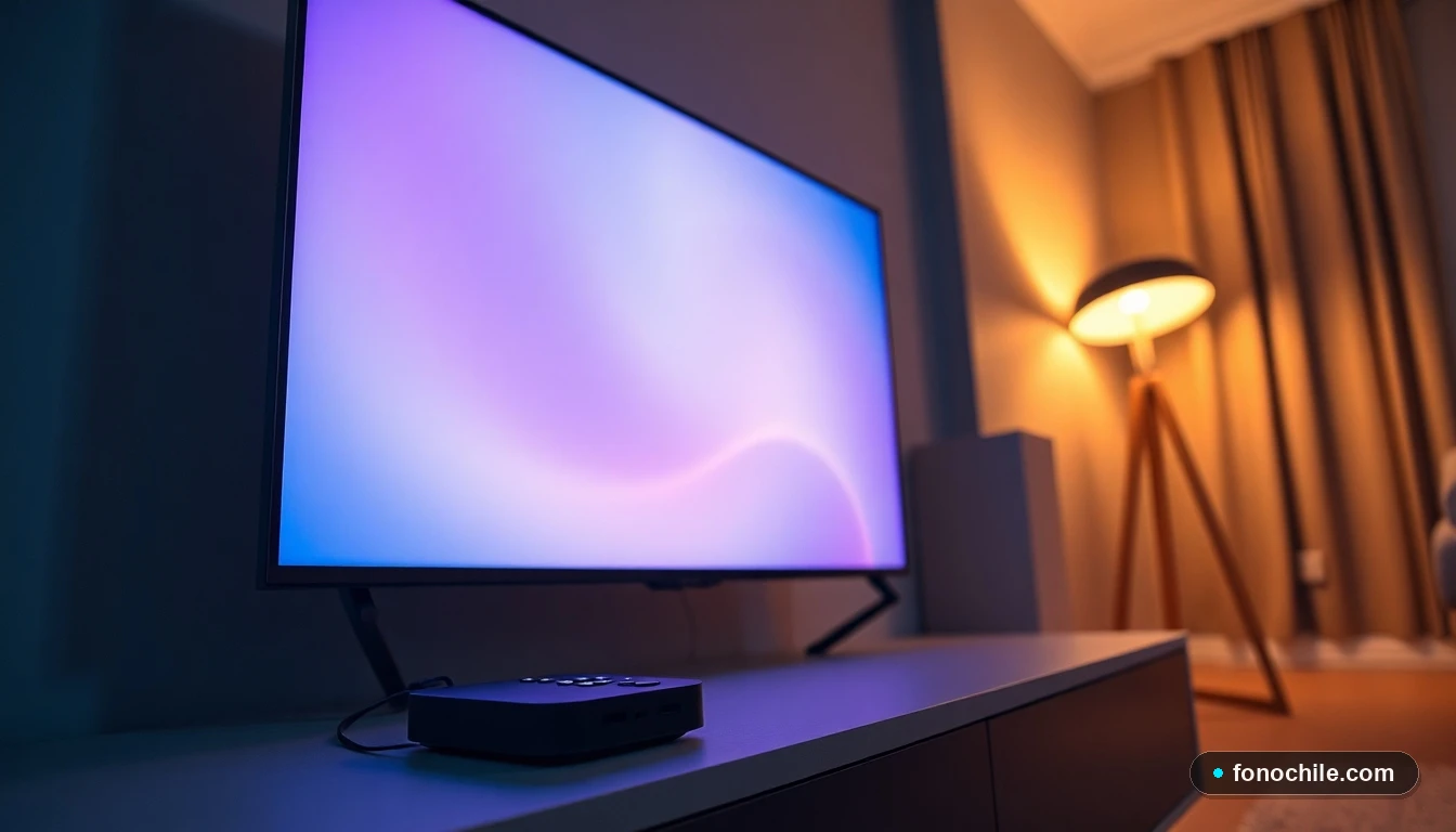 Centro de entretenimiento moderno en una sala de estar con televisor mostrando una interfaz genérica difuminada.