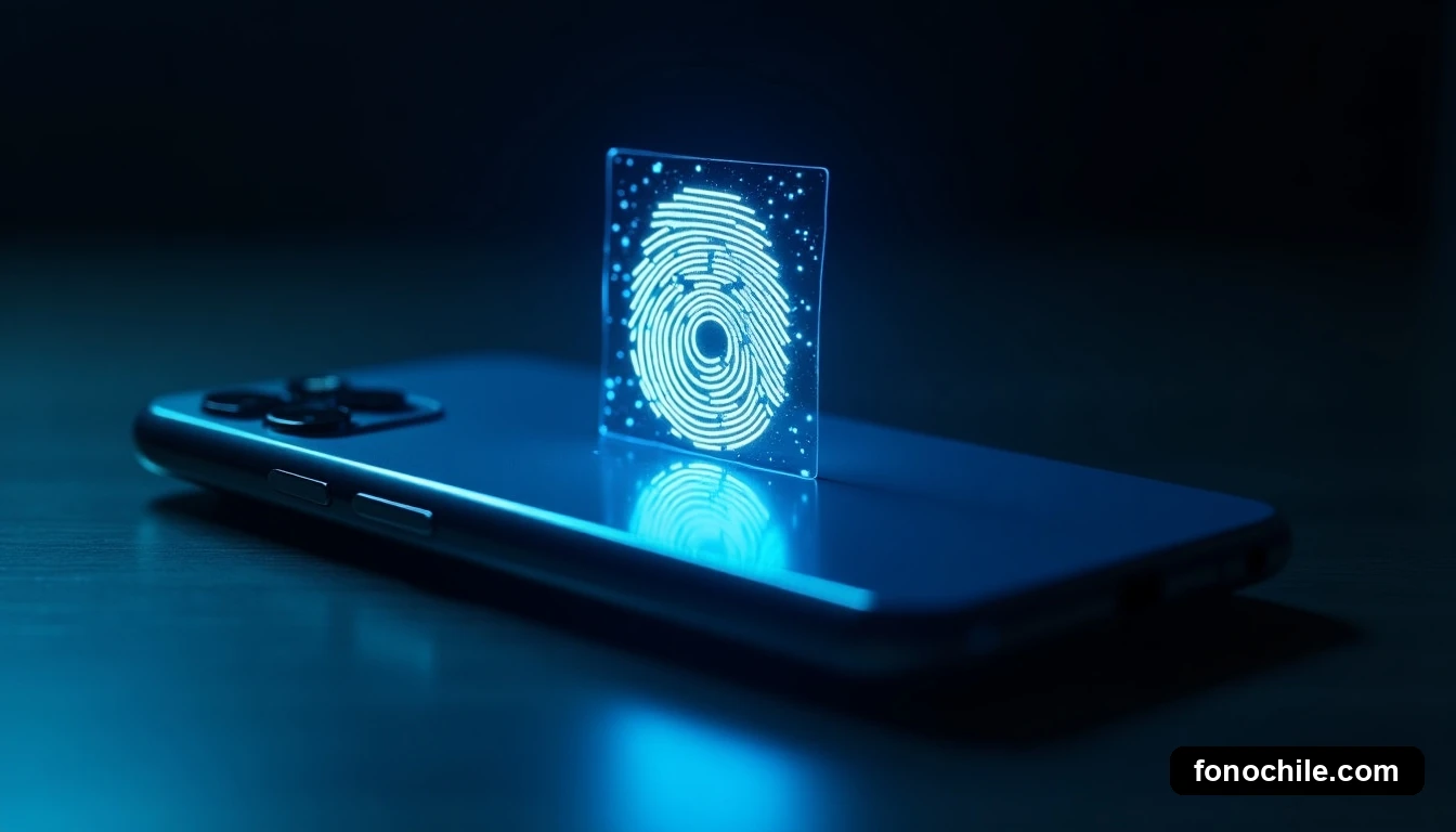 Icono holográfico de un sensor biométrico flotando sobre un teléfono inteligente en una mesa.