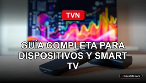 Un smartphone y un control remodo de TV modernos descansan sobre una mesa de madera clara, frente a una pantalla de Smart TV que muestra gráficos abstractos de colores.
