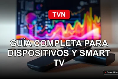 Un smartphone y un control remodo de TV modernos descansan sobre una mesa de madera clara, frente a una pantalla de Smart TV que muestra gráficos abstractos de colores.