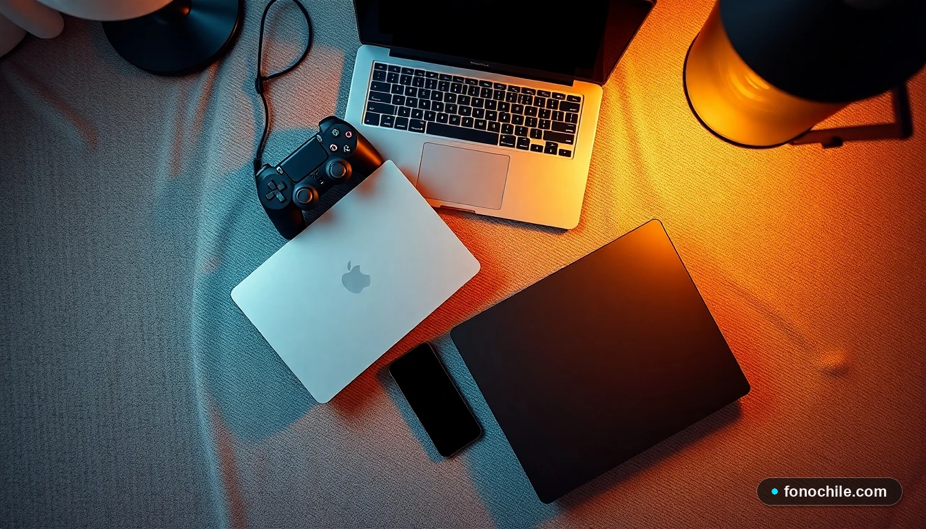 Vista aérea de una configuración de entretenimiento en el hogar con consola de videojuegos, dispositivo de streaming y laptop, sobre una superficie texturizada.