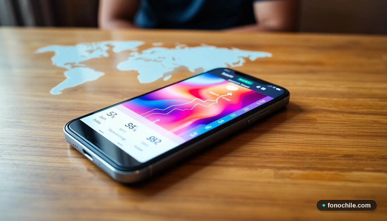 Smartphone mostrando gráficos de datos de roaming en colores vibrantes sobre una mesa de madera.