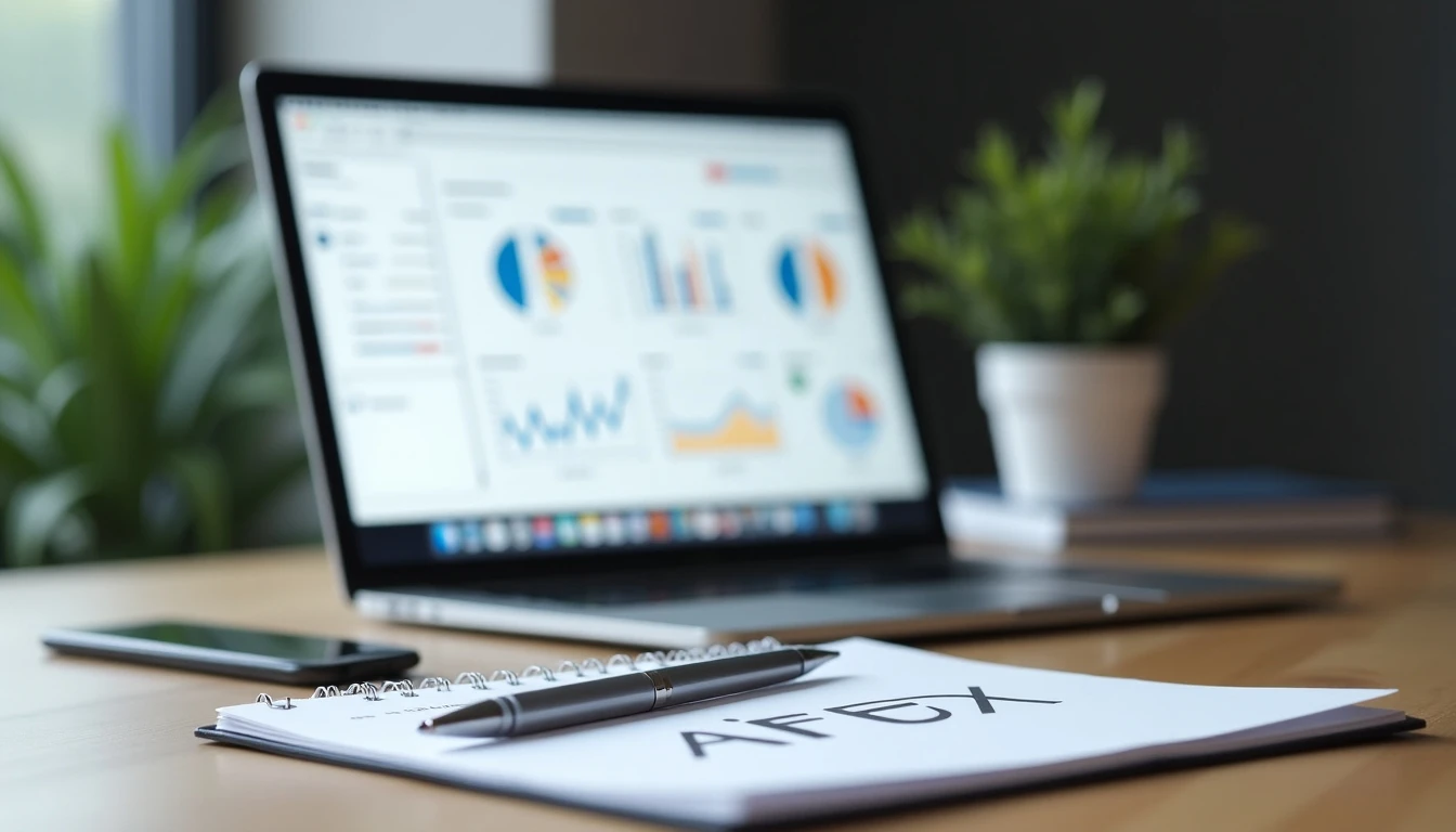 Espacio de trabajo profesional con servicios financieros de AFEX en pantalla