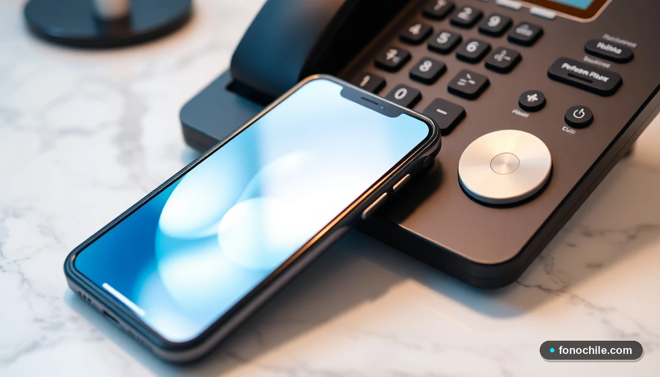 Dispositivos de comunicación modernos, un teléfono inteligente y un teléfono de oficina, sobre una mesa de mármol minimalista.