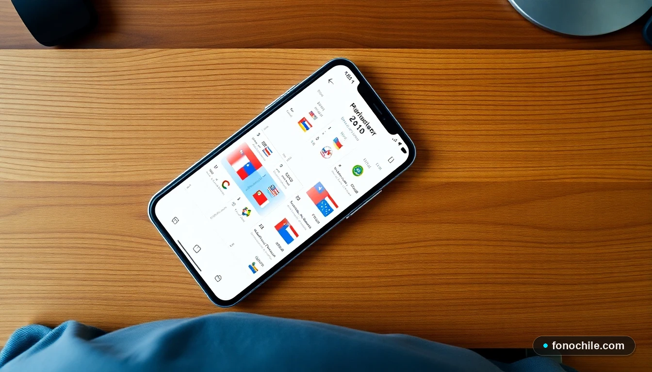 Smartphone mostrando una agenda semanal deportiva abstracta y colorida con los colores de la bandera de Chile.