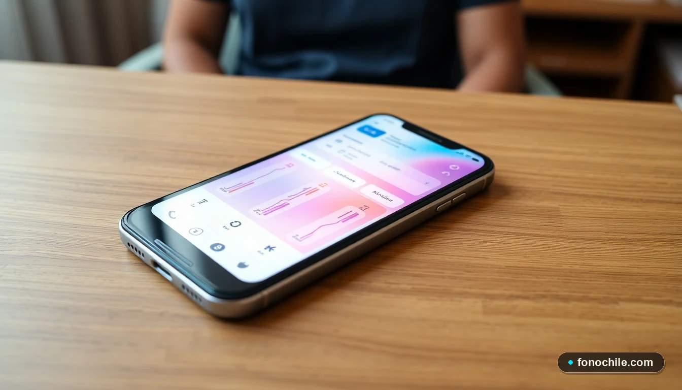 Smartphone mostrando la interfaz colorida y moderna de una aplicación para agendar citas médicas en Chile.