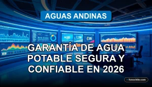 Vista aérea de un moderno centro de control de agua con pantallas que muestran gráficos abstractos de flujo y calidad.