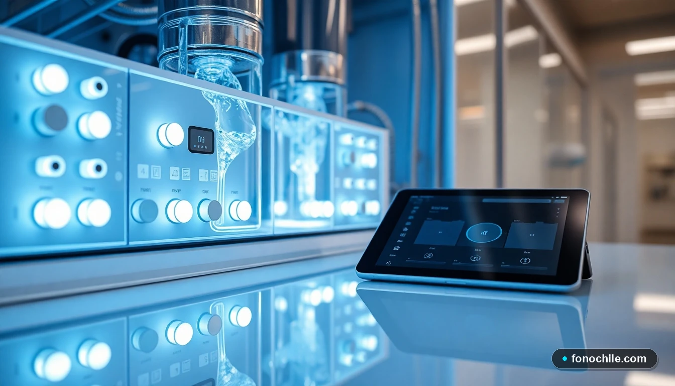 Panel de control de filtración de agua moderna con tuberías de cristal y una tableta mostrando una interfaz genérica.