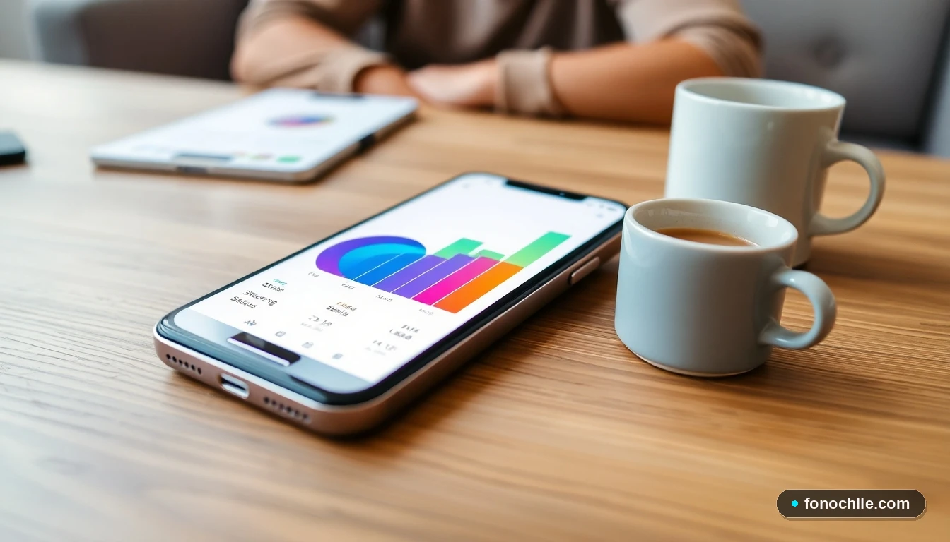 Smartphone mostrando un gráfico abstracto de consumo de datos móviles en colores vibrantes sobre una mesa de madera.