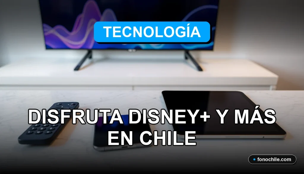 Oferta de tecnología 2026 con Disney+ incluido en Chile, pantallas con gráficos abstractos de colores.