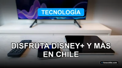 Oferta de tecnología 2026 con Disney+ incluido en Chile, pantallas con gráficos abstractos de colores.