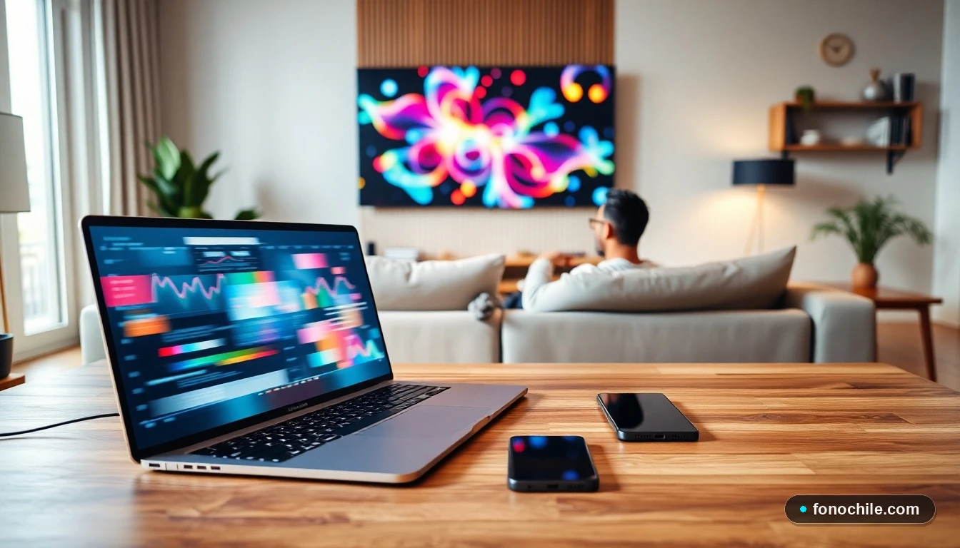 Escritorio moderno con dispositivos tecnológicos mostrando gráficos de ahorro y optimización de consumo en el hogar.