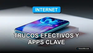Teléfono inteligente moderno mostrando gráficos abstractos de ahorro de datos, descansando sobre una mesa de diseño minimalista.